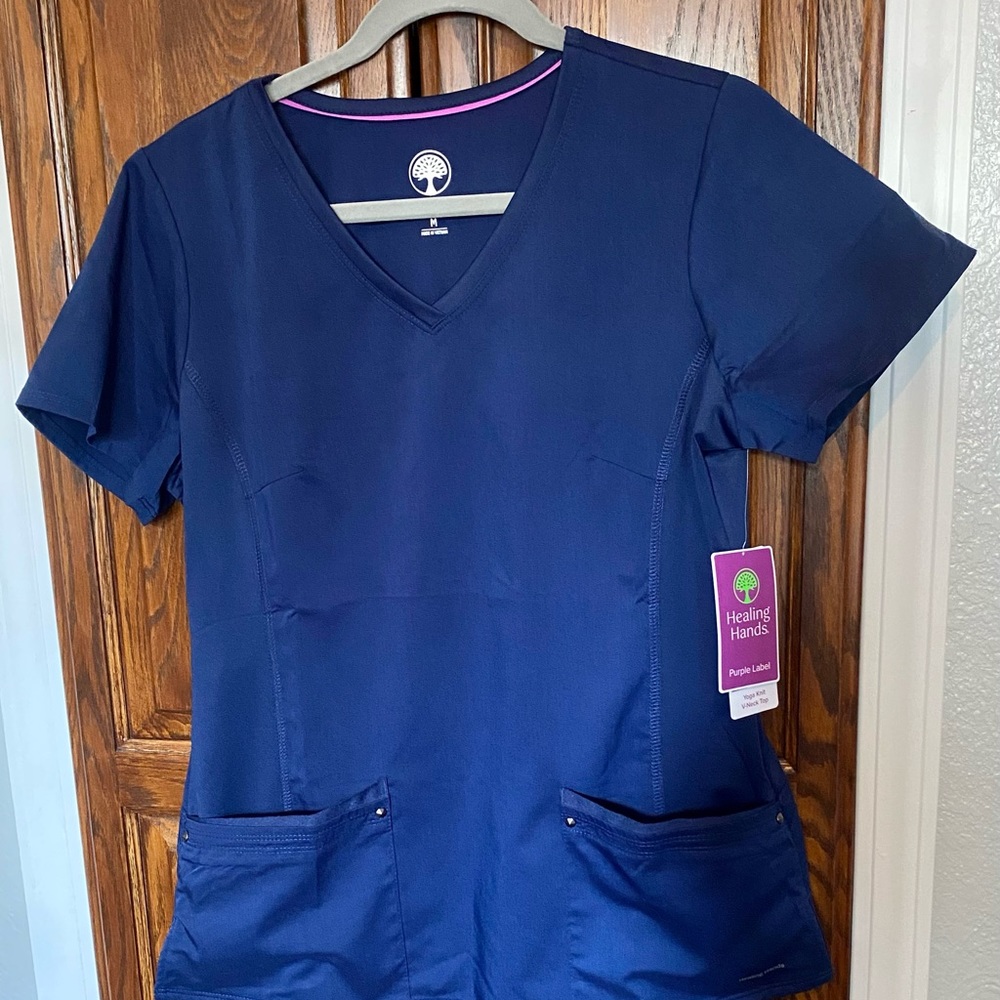NWT Purple Label Healing Hands Yoga Knit Navy Blue Scrub Set Size Regular Medium